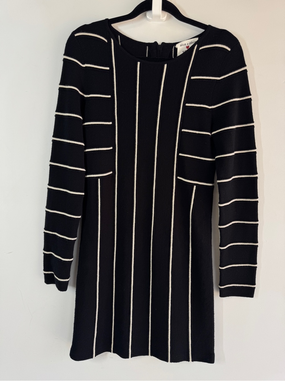 Alice + Olivia Scoop Wool Sweater Dress Black Stripe Mod Quiet Luxury Mini